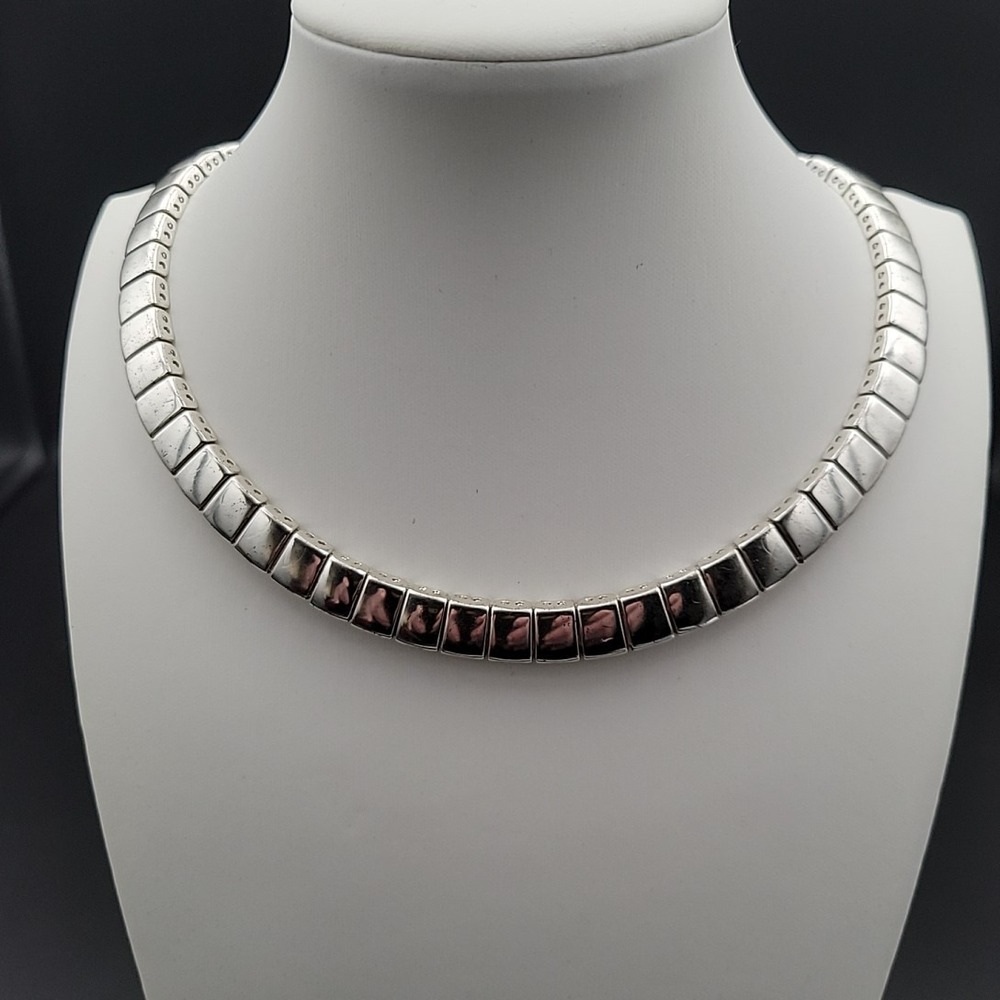 Vintage Silver Tone Segmented Collar Necklace Modernist Block‎ Link Choker 16 In